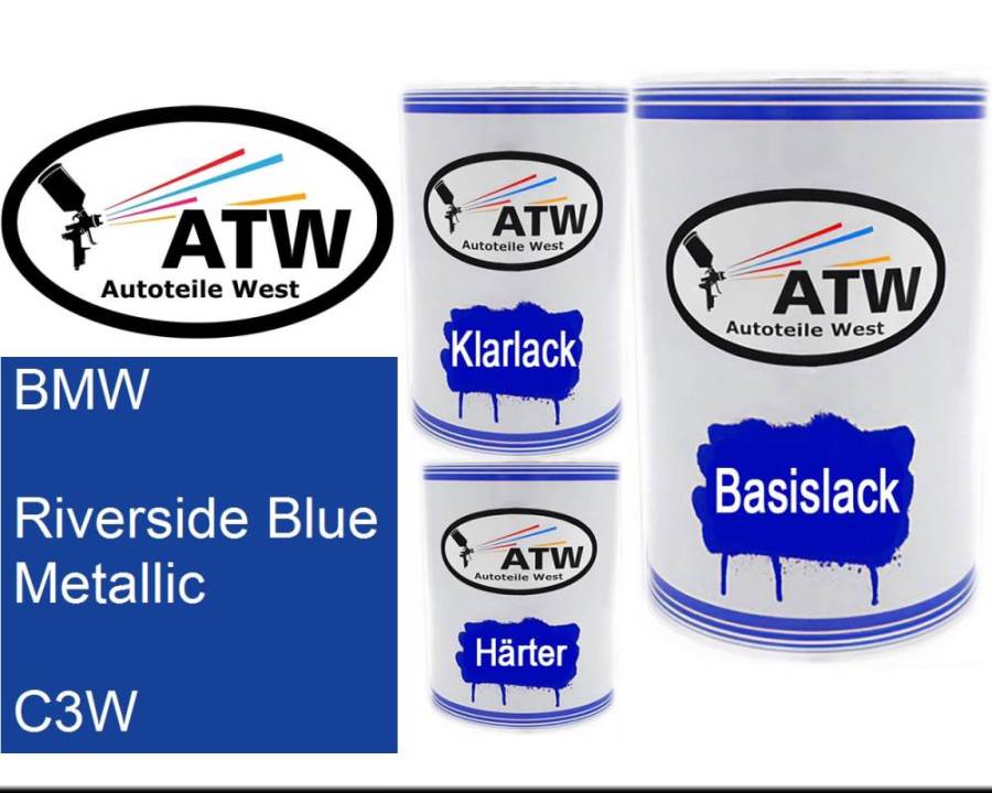 BMW, Riverside Blue Metallic, C3W: 500ml Lackdose + 500ml Klarlack + 250ml Härter - Set, von ATW Autoteile West.